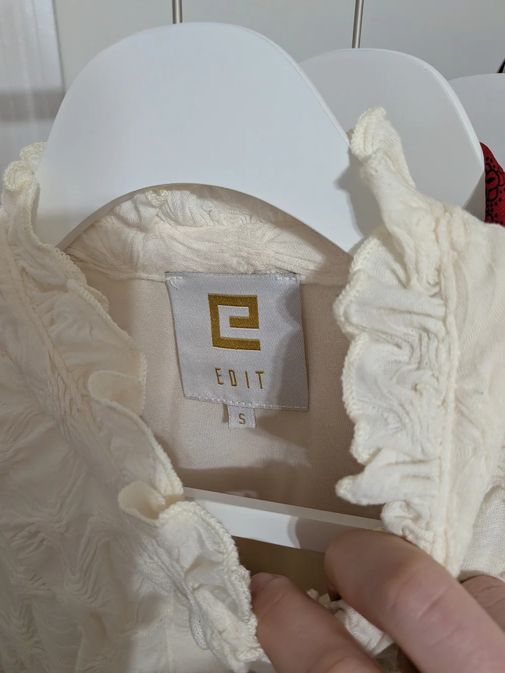 Textured Cream Ruffle Neck Button Front Top - Picture 3 of 3